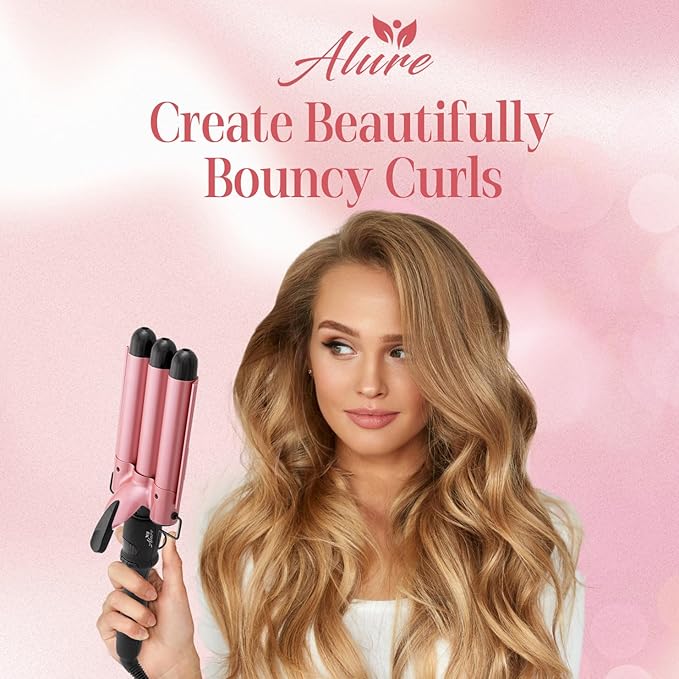 Alure Three Barrel Curling Iron Wand with LCD Temperature Display - 1 Inch Ceramic Tourmaline Triple Barrels, Dual Voltage Crimping Tool, Best Hair Waver for Beachy/Frizz Free Waves (Rose Gold)