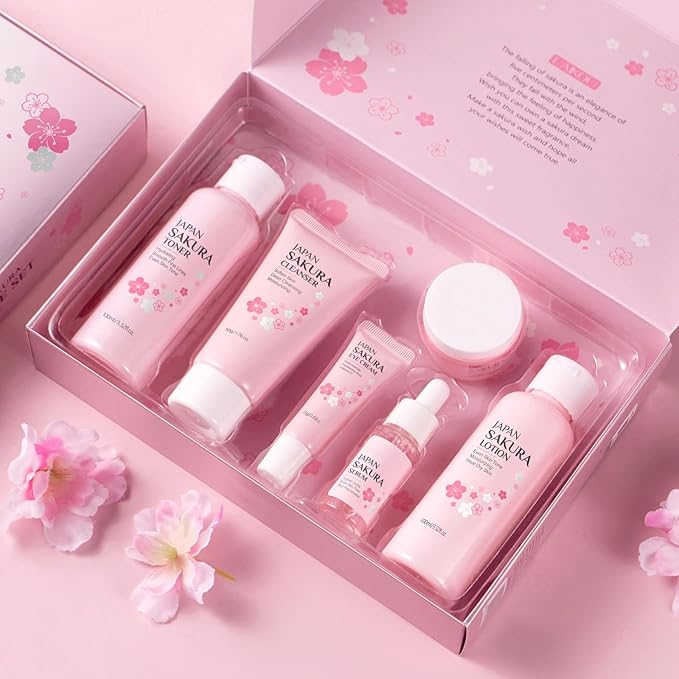6Pcs Sakura Skincare Kit, The Skin Care Set Includes Facial Cleanser, Toner, Lotion, Essence, Eye Cream And Face Cream, Beauty Skin Care Travel Present Set For Teenage Girls Women