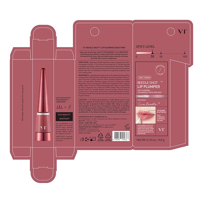 VT COSMETICS Reedle Shot Lip Plumper in Usagi Pink, Hydrating Plumping Lip Gloss, High Shine Finish, Infused with Jojoba Oil & Hyaluronic Acid, Korean Beauty Makeup, 0.15 oz.