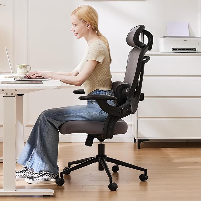 Sweetcrispy Ergonomic Desk Chair Office Chair, 300 LBS Home Mesh Office Desk Chairs with Wheels, 2D Headrest, Up&Down Lumbar Support, Swivel High Back Computer Chair with Flip-up Armrests,Dark Grey