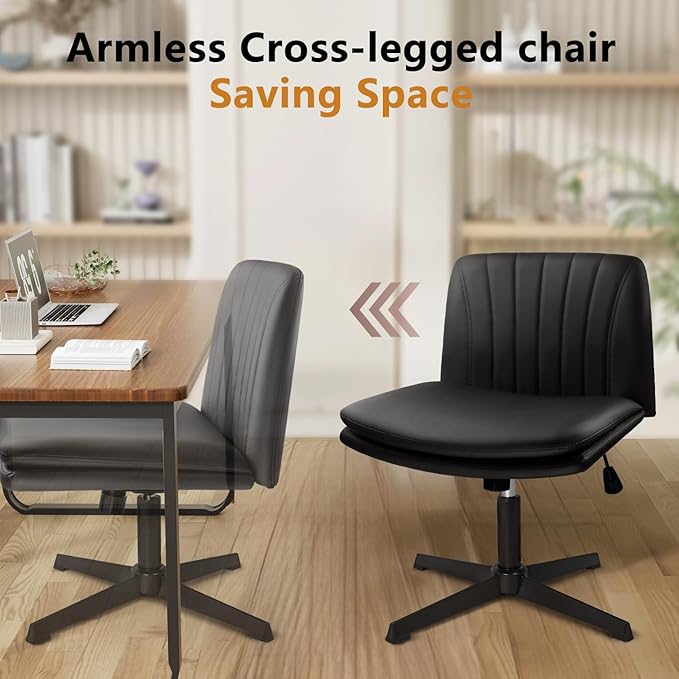 Criss Cross Chair, Cross Legged Desk Office Vanity Chair, Comfortable Black Vanity Stool with Back, PU Leather Armless Wide Swivel Vanity Desk Chair, Criss Cross Home Office Chair
