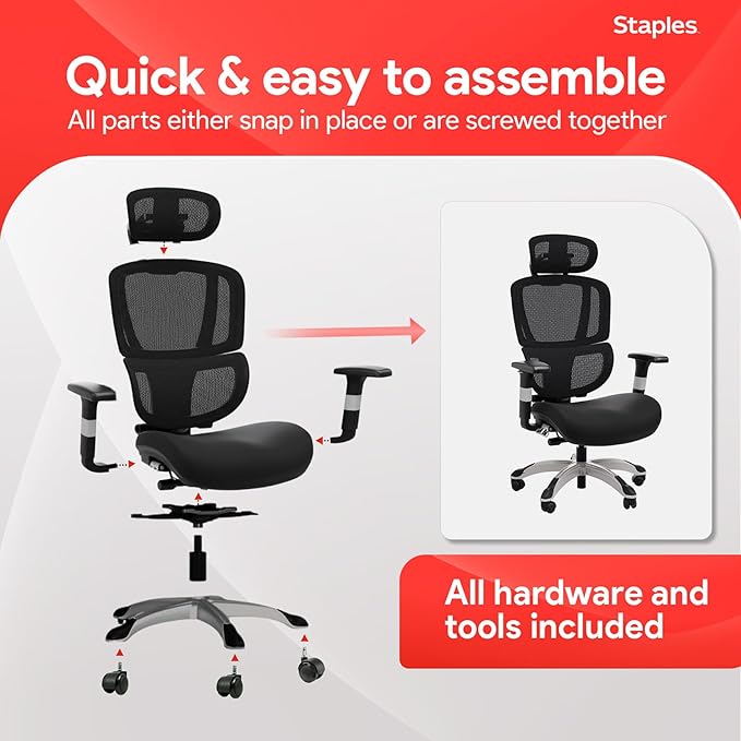 STAPLES Ergonomic Task Chair, Mesh, Ergonomic, Lumbar Support, Swivel, Black