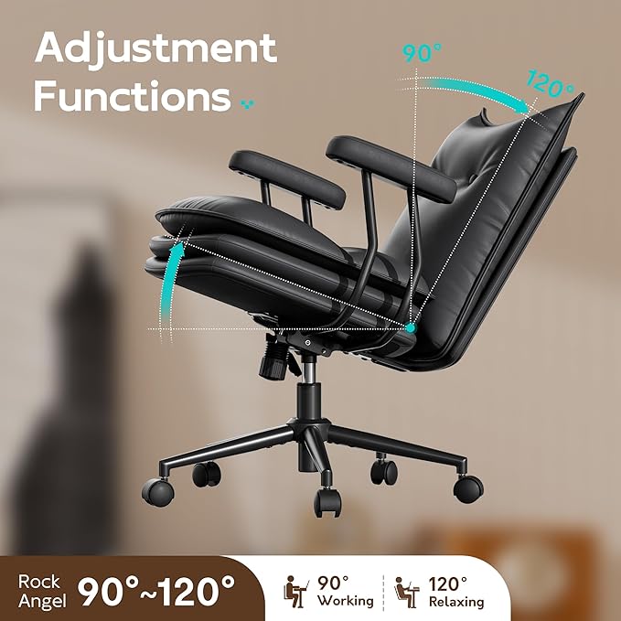 Black Office Chair with Triple-Layers Thicken Wide Seat, Mid Back Leather Desk Chair with Wheels and Arms, Mid-Century Modern Computer Chair for Home Office