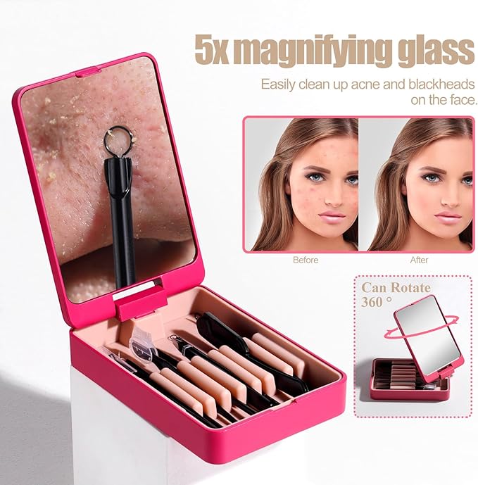 JPNK Blackhead Remover Tool Comedones Extractor Acne Removal kit & Eyebrow Trimmer Kit, 8PCS in One with 5X Magnifying Mirror (Black)
