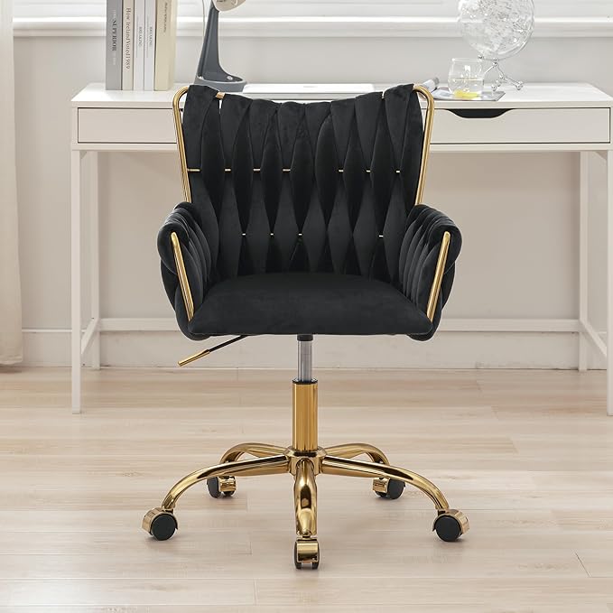 ABET Velvet Desk Chair with Wheels, Cute Upholstered Swivel Office Chair, Modern Gold Rolling Hand Woven Height Adjustable Armchair for Women Girls Home Makeup, Vanity, Nail Salon, Black