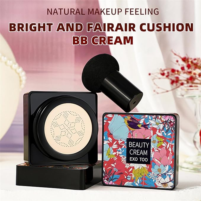 NUIBO 2PCS Air Cushion CC Cream Mushroom Head, Moisturizing Concealer Makeup Base, Primer Liquid Foundation Long Lasting with Two Mushroom Makeup Sponges 【Natural X 2】