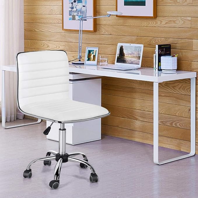 Yaheetech Adjustable Task Chair PU Leather Low Back Ribbed Armless Swivel White Desk Chair Office Chair Wheels