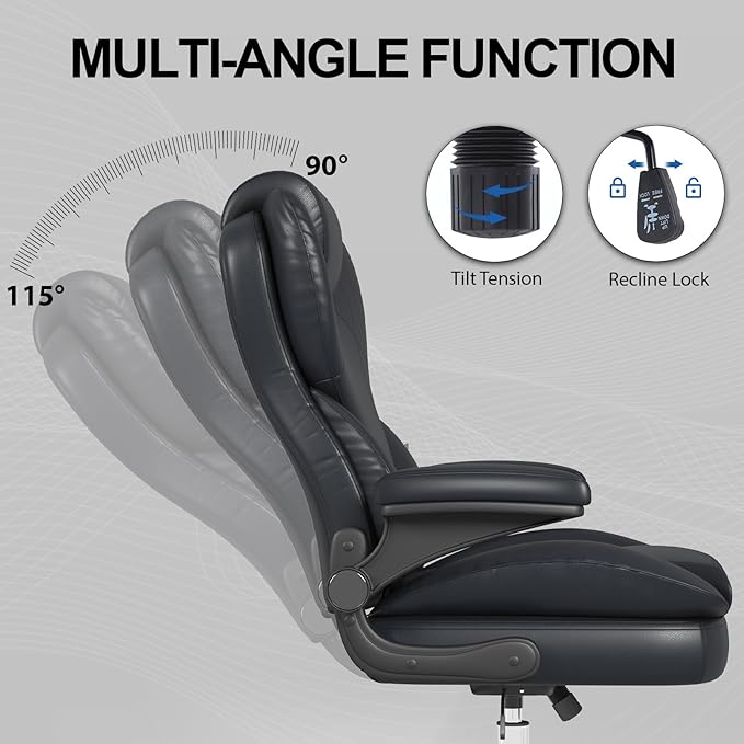 Hovos Office Chair, Ergonomic Big and Tall Desk Leather Chair with Padded Flip-up Arms, Adjustable Tilt Lock, Heavy Duty Swivel Rolling Computer Chair for Home Office, Black