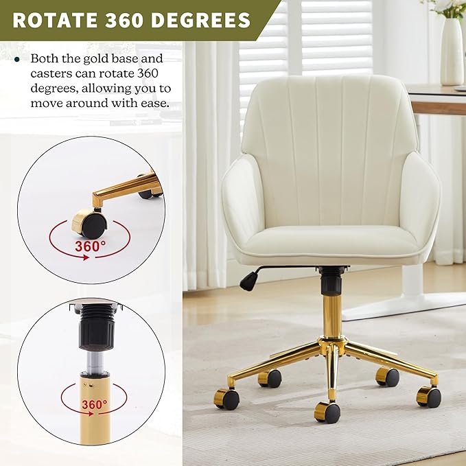 Velvet Home Office Desk Chair, Modern Cute Computer Task Chair with Back, Height Adjustable Upholstered Vanity Chair with Swivel Wheels for Women, Girls (Gold Base, Cream