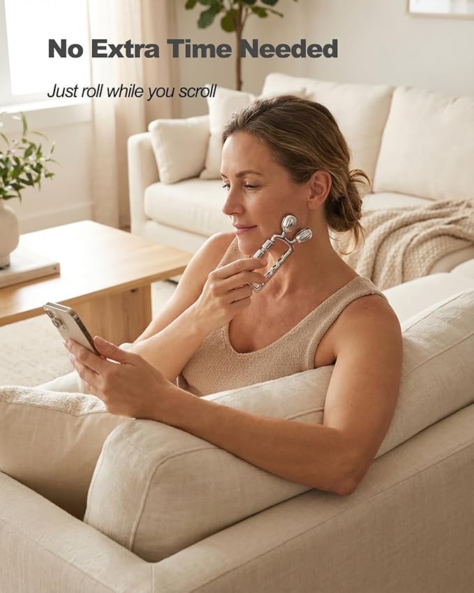 Yeamon 3-in-1 Face Roller for Skin Care, Facial Massager with Cooling Metal, Under Eye Roller for Puffiness, Jawline & Cheek Massage Tool, Gua Sha Set for Women