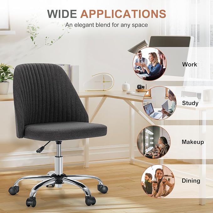DUMOS Office Chair, Comfy Desk Chair Rolling Vanity Swivel Task Chairs with Wheels, Wide Seating Armless Height Adjustable Computer Chairs for Home,Bedroom,Student,Adults, Gunmetal Gray