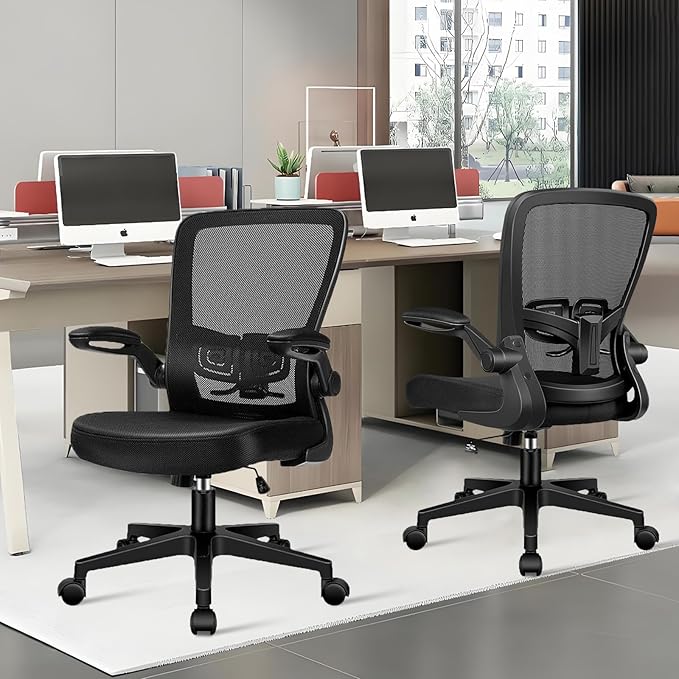 Desk Chairs with Wheels, Ergonomic Mesh Office Chair Adjustable Height and Swivel Lumbar Support Home Office Chair with Flip Up Armrests, Set of 12