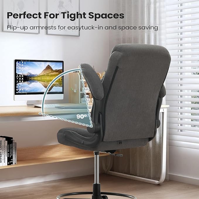 Drafting Chair for Standing Desk โ Tall Office Chair with Adjustable Height & Foot Ring, Flip-Up Arms, Lumbar Support โ Comfortable Fabric Seat, Ideal Home Desk Chair