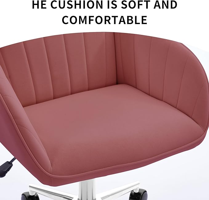 YITAI Velvet Office Desk Armchairs with Silver Base and Wheels,Modern Height Adjustable 360 Degree Swivel Upholstered Vanity Chairs for Living/Room Bedroom/Study,Rose