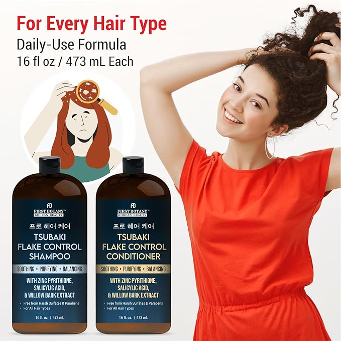 Korean Flake Control Shampoo & Conditioner Set – Fights Hair Loss, Dandruff, Lice & Itchy Scalp, Promotes Hair Growth With Zinc Pyrithione, Salicylic Acid - Free from Harsh Sulfates & Parabens –16 oz