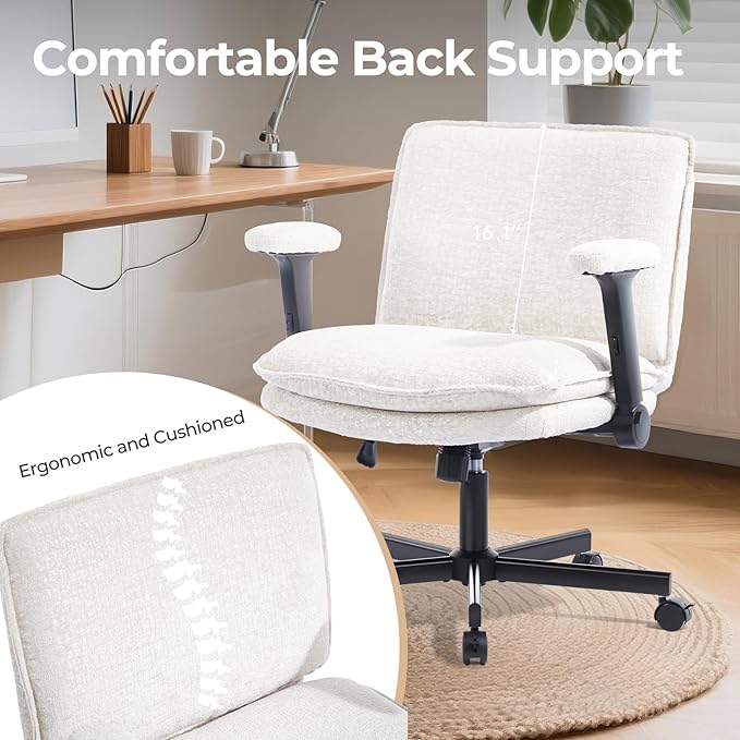 Criss Cross Chair with Flip-Up Arms and Lockable Wheels, Plush Fabric Cross Legged Office Desk Chair,Wider 125°Tilting Adjustable Swivel Chai r for Home, Apartment, Bedroom,Pearl White