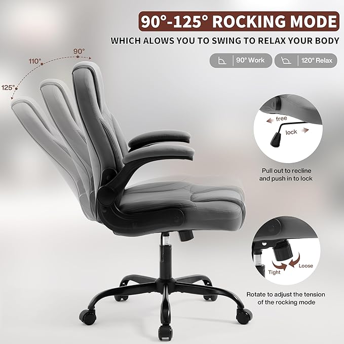 Executive Office Chair PU,Leather Office Chair with Wheels,360° Swivel Rolling Chair with Padded Arms,Ergonomic Computer Chair with Lumbar Support for Short People Use (Grey)