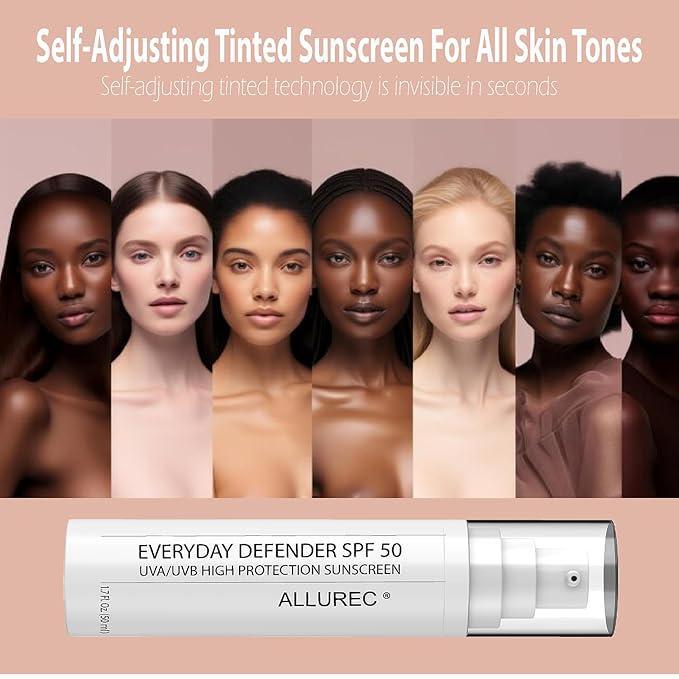 ALLUREC Tinted Mineral Sunscreen for Face SPF 50 PA++++ Broad-Spectrum UVA/UVB High Protection Facial Lotion Moisturizer with Titanium Dioxide & Zinc Oxide. Blur Pores Wrinkles Spots Instantly.