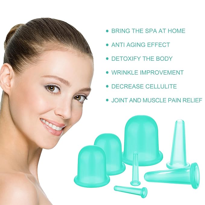 BBTO Silicone Facial Cupping Set, Vacuum Massage Cup Kit for Body, Face, Neck, Back, and Eye, 6 Cups and Exfoliating Brush (Mint Green)