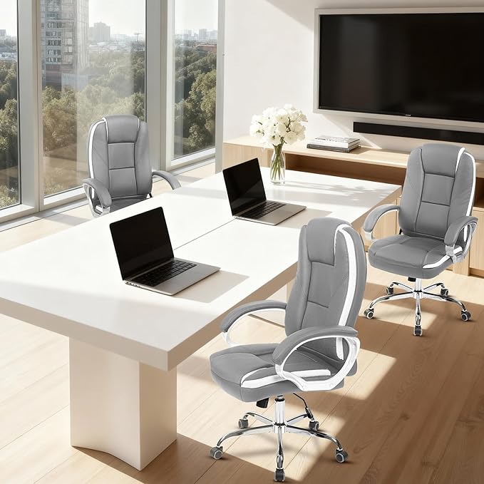 NEO Chair Office Desk Ergonomic Gaming Chair High Back Adjustable Computer Chair with Wheels and Lumbar Support Comfy Leather Executive Swivel (Grey)