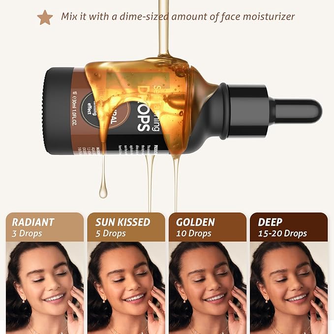 Self Tanning Drops, Sunless Bronzing Tanner for Face & Body, Moisturizing Tanner for All Skin Types and Tones, Natural Sun-Kissed | Bronzer Glow, 1 Fl Oz