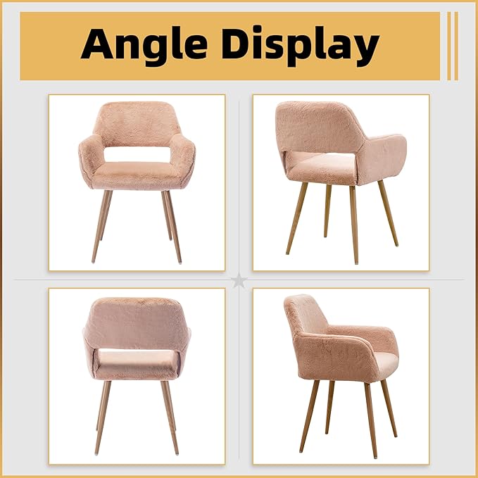 Furry Home Office Desk Chair, Faux Fur Vanity Chair with Hollow-Out Backrest, Comfy Armchair Wood Frame with Strudy Metal Legs, Camel