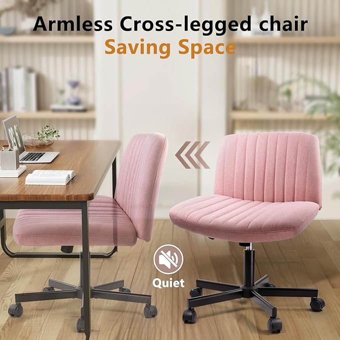 Criss Cross Chair, Fabric Armless Cross Legged Home Office Chair for Vanity, Wide Seat Swivel Criss Cross Desk Chair, Height Adjustable Vanity Chair with Wheels and Back, Pink
