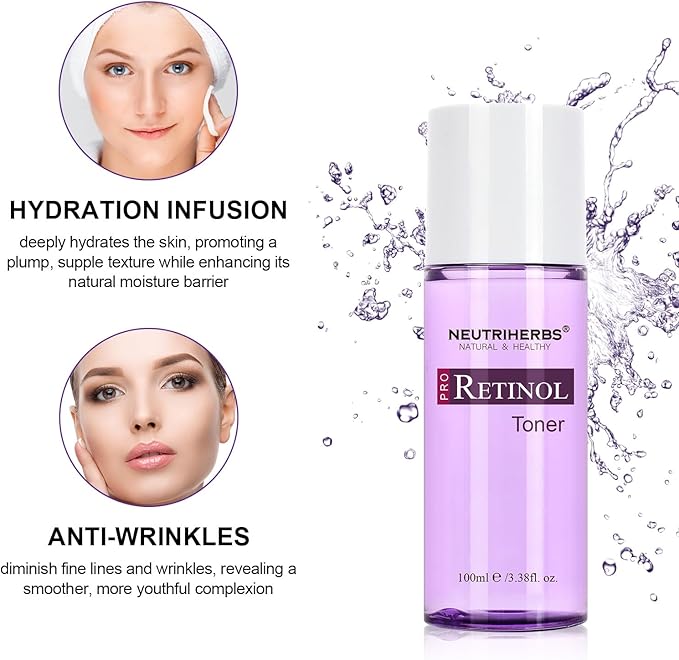 NEUTRIHERBS PRO Retinol Toner for Anti-Aging & Reducing Fine Lines and Wrinkles, with Panthenol, Peptides, and Hyaluronic Acid, Alcohol Free – 3.38 fl. Oz.