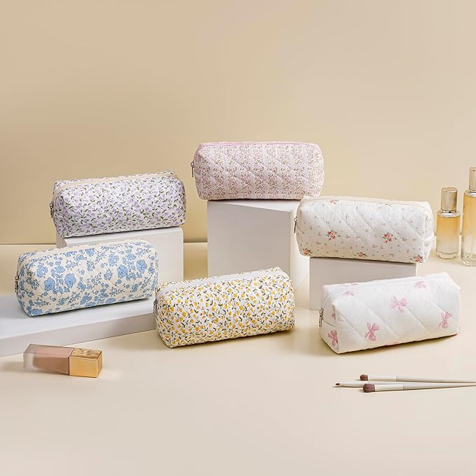 Cute Floral Cotton Makeup Brush Cosmetic Bag for Women, Travel Quilted Zipper Make Up Bag, Flowers Toiletry Organizer Case Kawaii Makeup Cosmetic Travel Cloth Pouch (Pink Bowknot+Blue Bowknot)