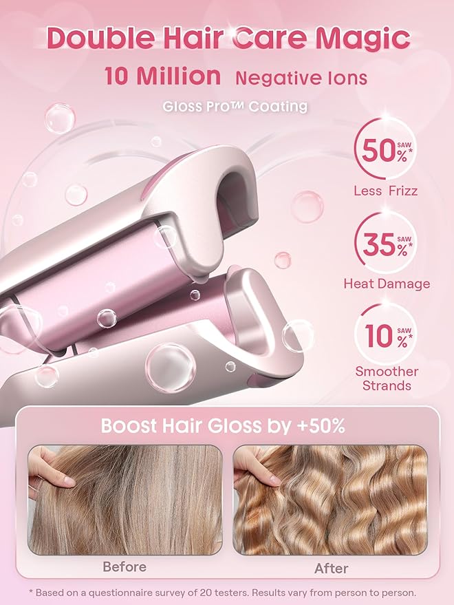 SHEGLAM Pink 1 Inch Hair Waver for Women - Double Barrel Crimper Tool for Mermaid Beach Waves, Lightweight with Smart Timer & Adjustable Temps, Dual Voltage Anti-Scald Easy to Use for Short Hair