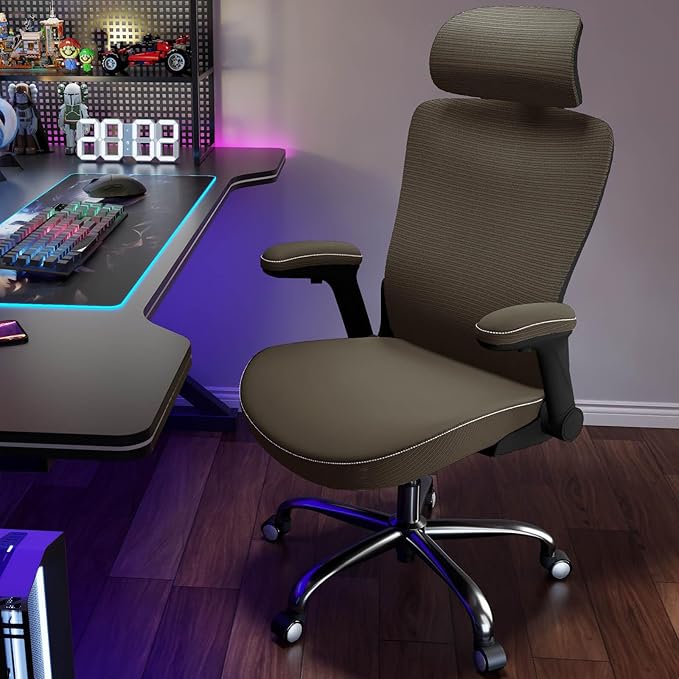 Office Home Ergonomic Desk Chair-Computer X-Shaped Chair Mesh PU Leather with Adjustable Lumbar Support-Executive Chair High Back Flip-Up Arms for Long Hours (Dark Green)