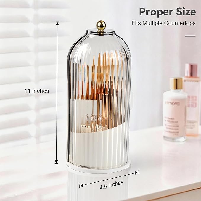 360° Rotating Makeup Brush Holder with Lid, Waterproof Three-Compartment Makeup Organizer, 180° Side-Pull Door Desk Organizer, Dustproof Brush Holder for Vanity and Bathroom (Grey)