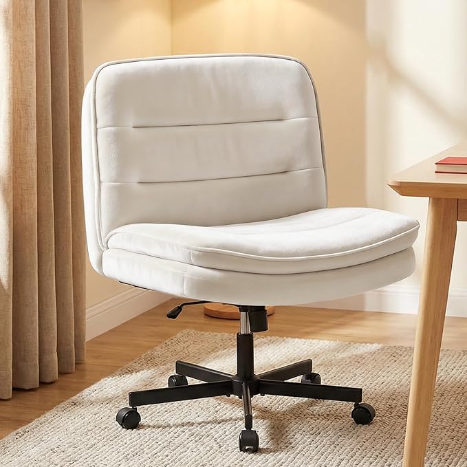 GTPLAYER Cross Legged Office Chair, Armless Desk Chair Cute Vanity Chair with Wheels Computer Chair Comfy Wide Office Chair Adjustable Swivel for Home Computer Task, Soft Velvet, Beige