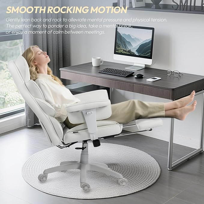 Dowinx Big and Tall Office Chair with Pocket Spring Cushion,High Back Computer Gaming Chairs with Adjustable Armrests and Lumbar Support,Executive Desk Chairs with Footrest(PU Leather,White)