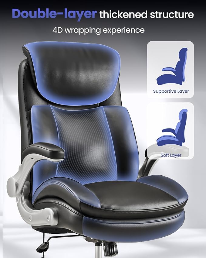 Big and Tall Office Chair, Heavy Duty Office Desk Chair with Padded Flip-Up Arms, Adjustable Lumbar Support & Tilt Lock, High Back Ergonomic Executive Computer Chair for Work & Study, Pure Black
