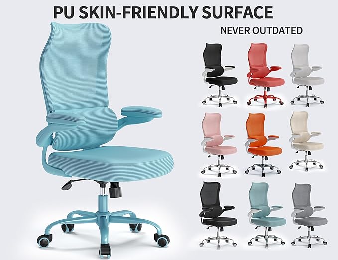 TRALT Ergonomic Office Chair - Desk Chair with Wave High Back Adjustable Lumbar Support Computer Chair - Gaming Chairs Mesh Backrest and PU Leather Seat (Blue Blue)