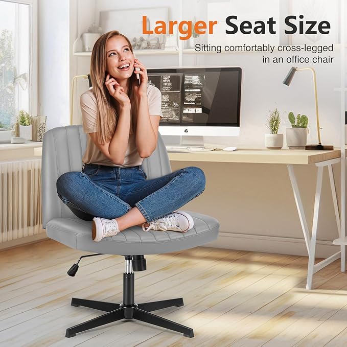 Sweetcrispy Criss Cross Chair Legged, Armless Office Wide Desk Chair No Wheels, PU Leather Swivel Vanity Height Adjustable Fabric Modern Computer Task Seating for Home - Grey