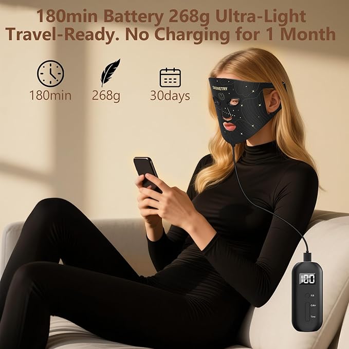 LED Face Mask Light Therapy, Portable Red Light Therapy for Face,7 Light Modes with 2000mAh Rechargeable Remote, 324 LEDs for Radiant Glow, at Home
