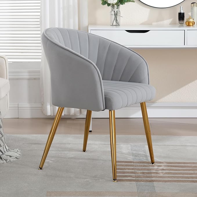 ABET Desk Chair with No Wheels, Velvet Home Office Armchair Gold Legs, Upholstered Modern Accent Chairs, Side Chair for Living Room Bedroom Vanity, Grey