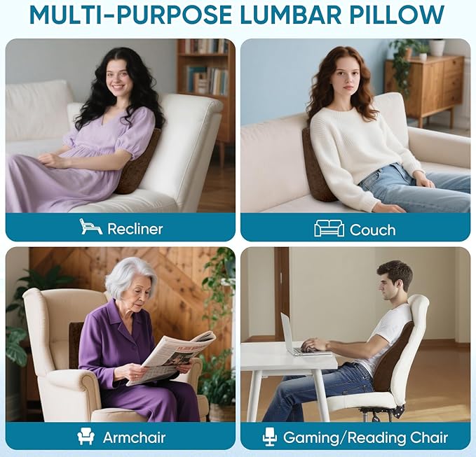 Lumbar Support Pillow for Recliner Chair and Couch, Memory Foam Back Cushion Ergonomic Large Back Support Pillow for Lower Back Pain Relief, with Soft Velvet