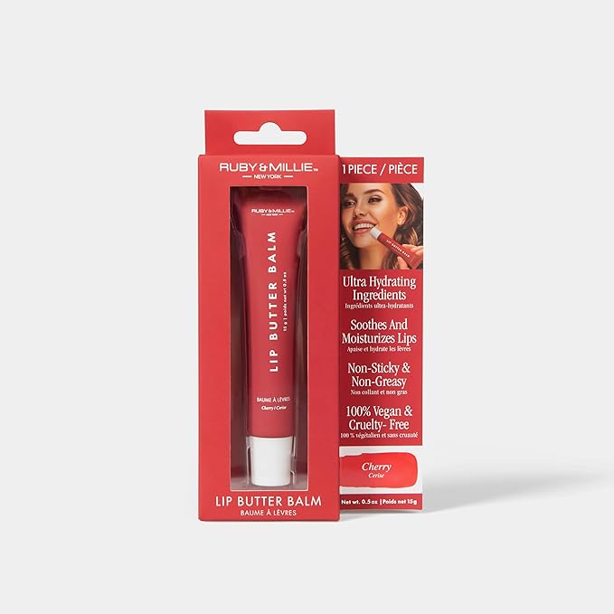 Ruby & Millie Tinted Lip Balm Cherry - Hydrating Cherry Lip Balm - Moisturizing Lip Butter Balm Treatment - Glossy Vegan Lipbalm 0.5 Oz