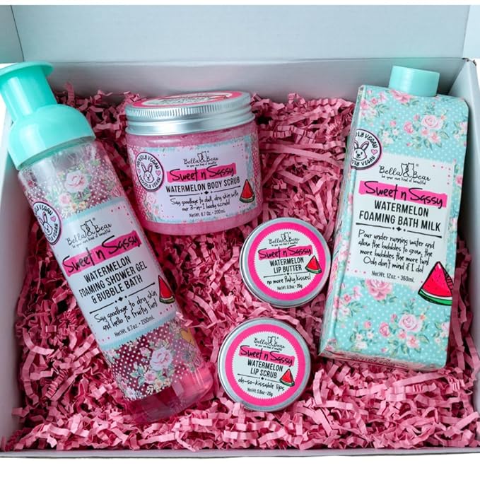 Bella & Bear Sweet 'n' Sassy Watermelon Mega Bath & Body Gift Set with Foaming Shower Gel & Bubble Bath, Bath Milk, Body Scrub & Lip Scrub and Lip Butter Great Gifts for Women