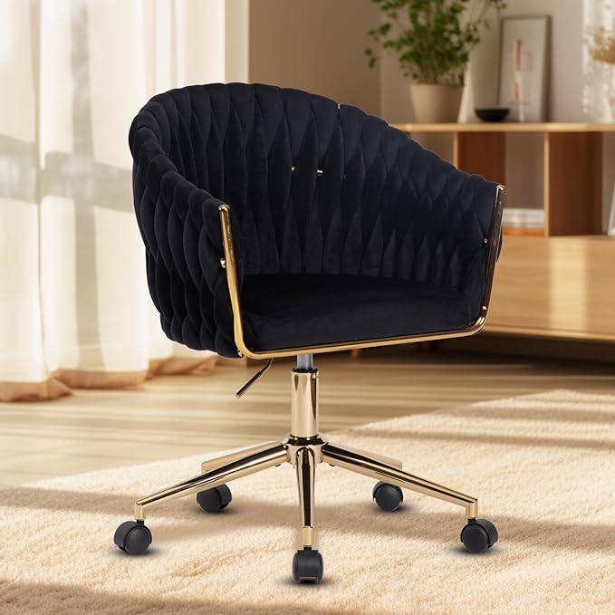 Velvet Office Chair with Hand Woven, Black Vanity Chairs with Golden Wheels, 360° Swivel Home Office Desk Chair Computer Chairs, Accent Chair Makeup Chair for Bedroom, Living Room(Black)