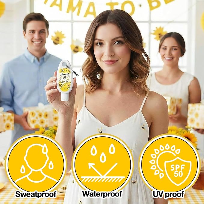 Leelosp 30 Pcs Mini Sunscreen with Carabiner Bulk Travel Size 1 Fl oz Water Resistant Spf 30 Sunblock Lotion Party Favors for Guests Bee Baby Shower Honeycomb Sweet As Can Bee Gender Reveal Gifts