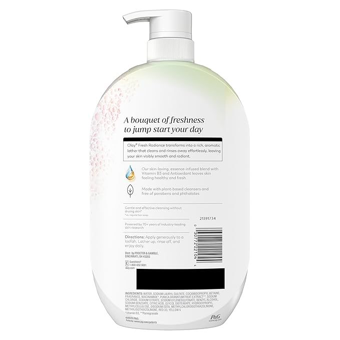 Olay Body Wash for Women, Fresh Radiance, 24/7 Skin-Loving Freshness, Visibly Radiant, Plant Based Cleansers, Vitamin B3 & Antioxidant Blend, All Skin Types, Rose Water & Sweet Nectar Scent, 35 fl oz