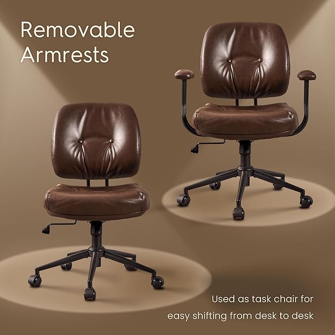 HOOOWOOO Ergonomic Office Chair,Mid Century Modern Computer Desk Chair,Comfy Executive Chair with Extra Wide Tufted Cloudy Seat Lumbar Support Rocking Back,PU Leather Dark Brown