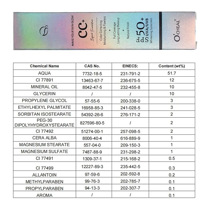 O'CHEAL CC Foundation with SPF 50+, Full Coverage Moisturizer Color Correcting Cream Concealer Powder Foundation, Lightweight Waterproof Oil-Free Pre-makeup Primer for All Skin Types (Nature)