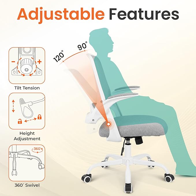 NEO Chair Office Chair Gaming Desk Computer Mesh Ergonomic Chair with Flip-up Arms Comfy Lumbar Support Adjustable Height Rolling Wheels Chair for Home Office (Grey)