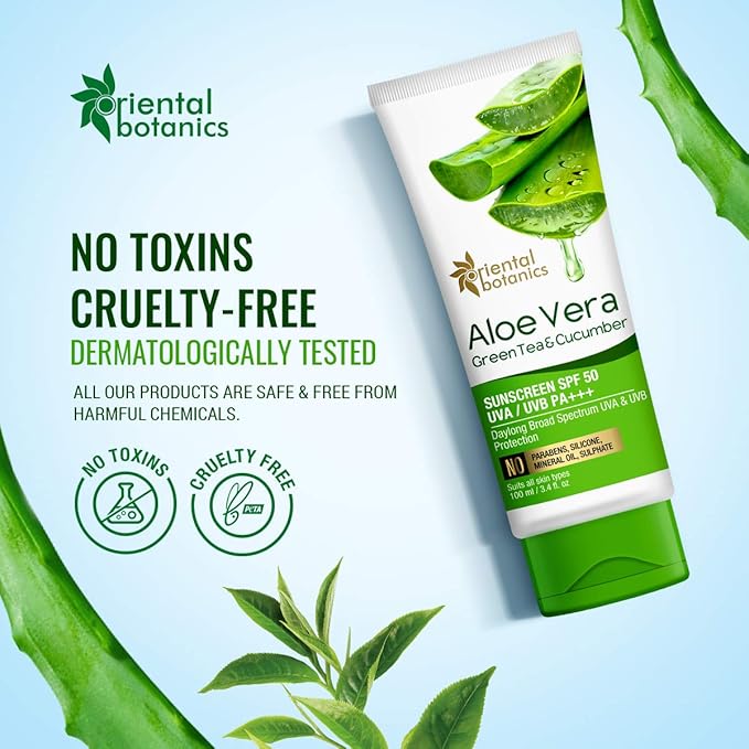Oriental Botanics Aloe Vera, Green Tea & Cucumber Sunscreen SPF 50 UVA/UVB PA+++, 100ml