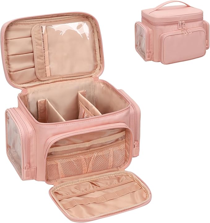 Large Makeup Bag, Portable Travel Makeup Bag Organizer for Women Girls with Makeup Brush Compartment & Two Side Pockets, Cosmetic Travel Bag Vertical Storage Toiletry - Pink